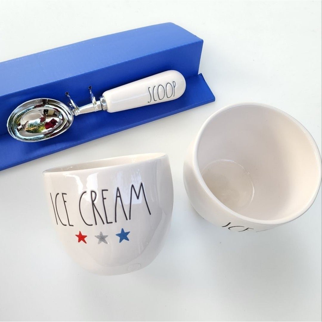 Rae Dunn Ice Cream Scoop And Two Ceramic Bowls Set of Three pc