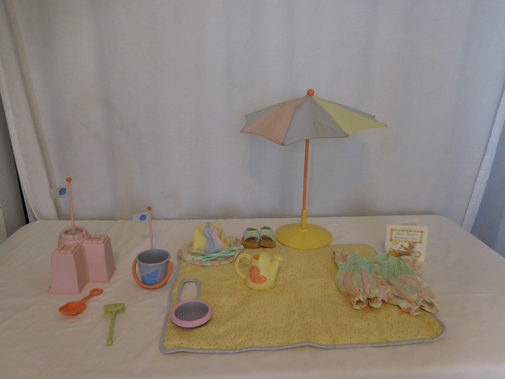 American Girl Bitty Baby 2002 Beach Fun Set Romper Outfit & Umbrella & Sand Toys