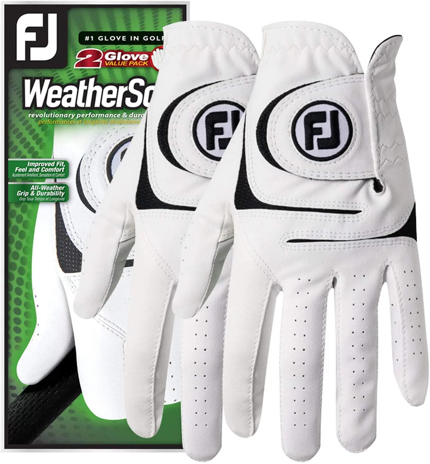 Men's Weathers of Golf Glove LG Left Handed, White, 2 Pack