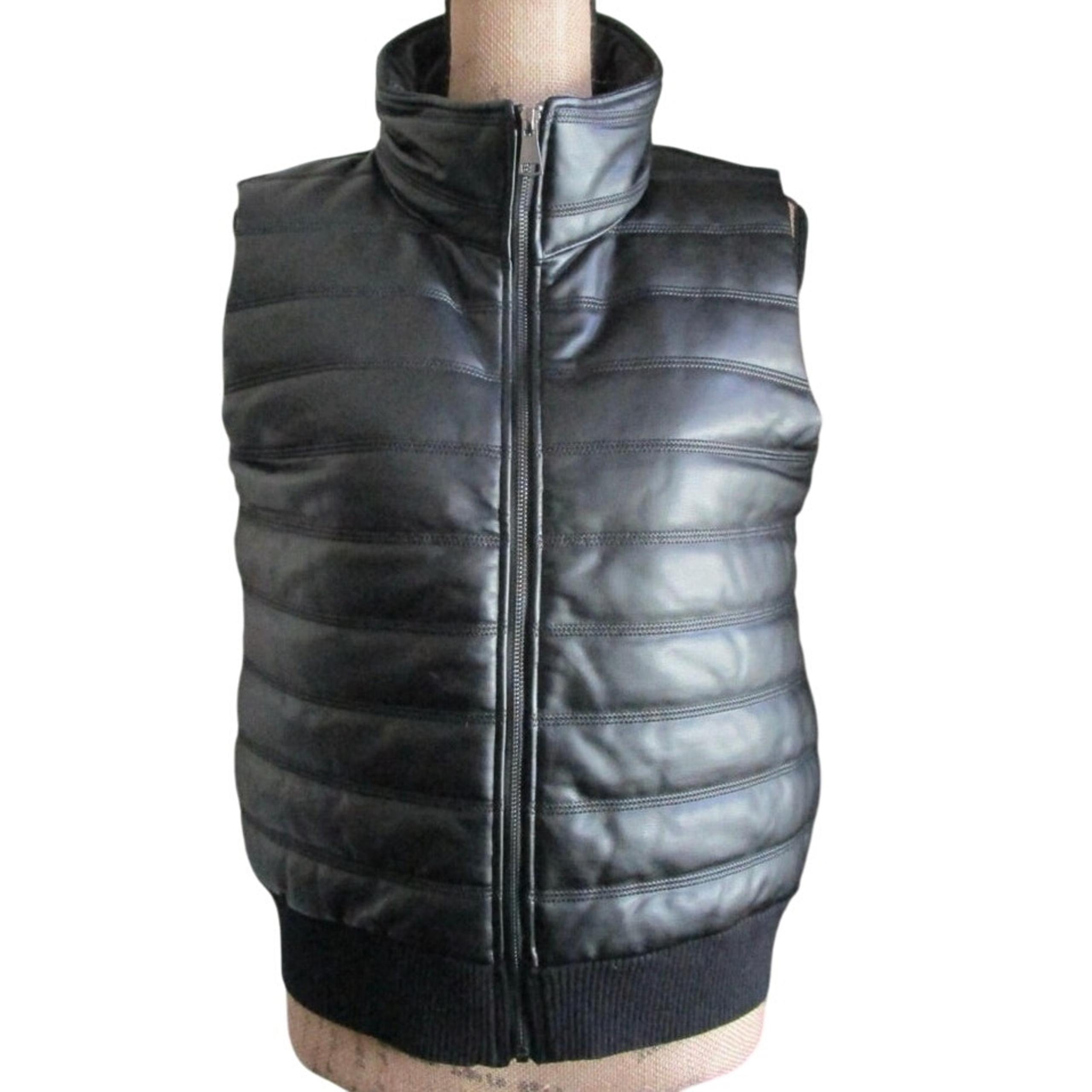 Max Studio Black Faux Leather Vest Size M Zip Up Ribbed Mock Neck Pockets Biker