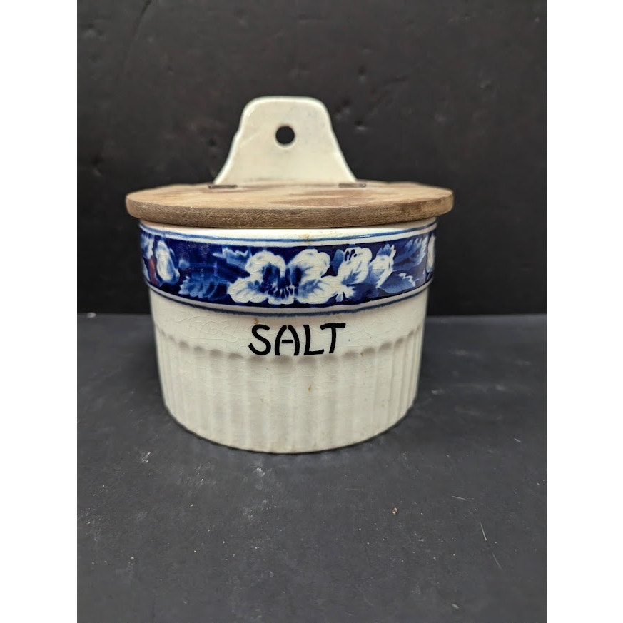 MINNI Germany Antique Blue White Hinged Salt Box Glaze Stoneware Cellar Keeper