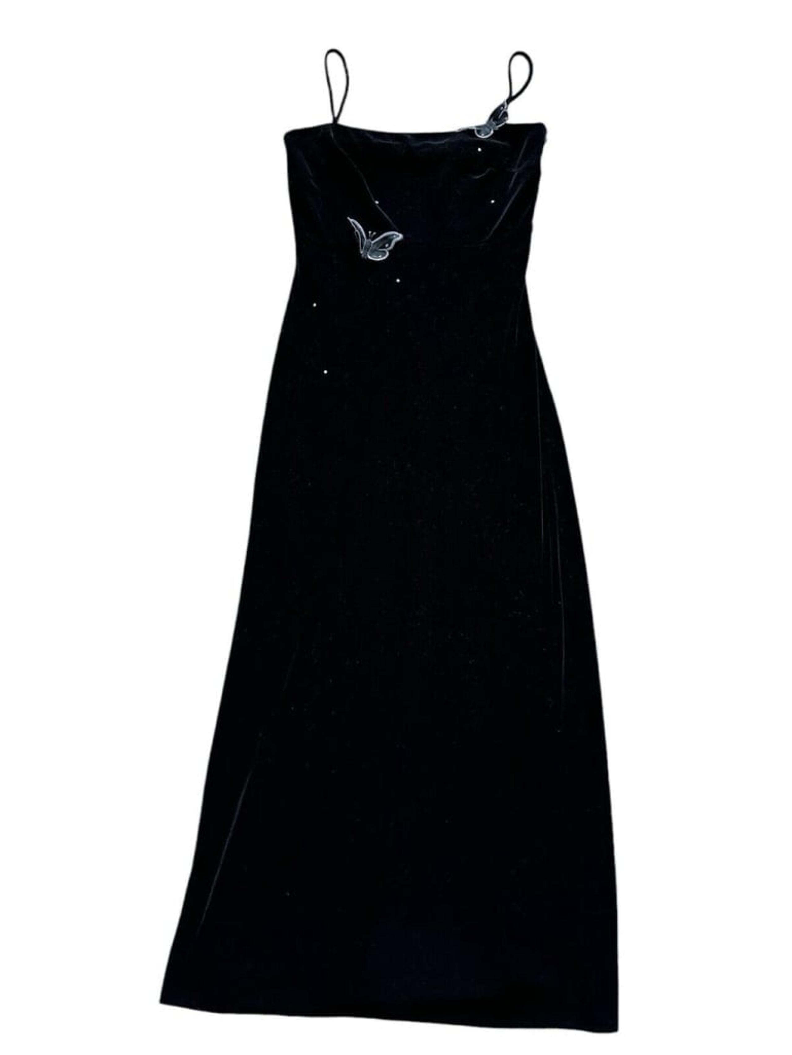 Y2K Velvet Cocktail Dress Sz M Long Sleeveless Black Butterflies Rhinestones