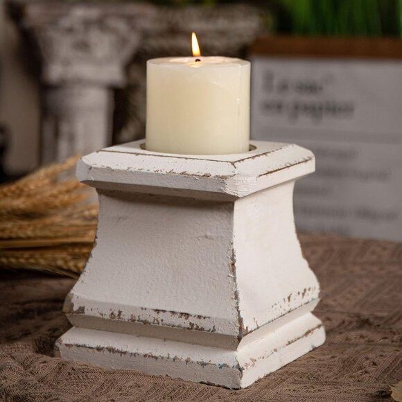 New Handmade Shabby Wooden Pillar Candle Holders for Home Decor - White