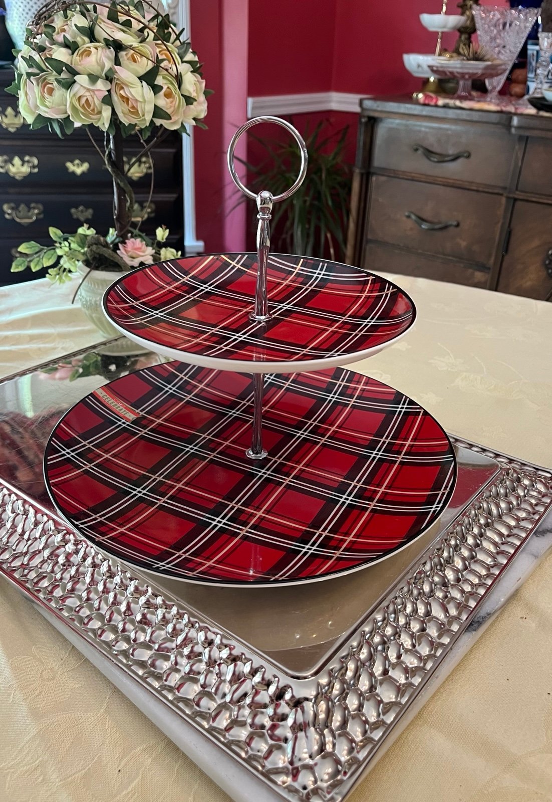 Ciroa Celebrate 2-Tier Tarten Plaid Server Plates Porcelain, discontinued item