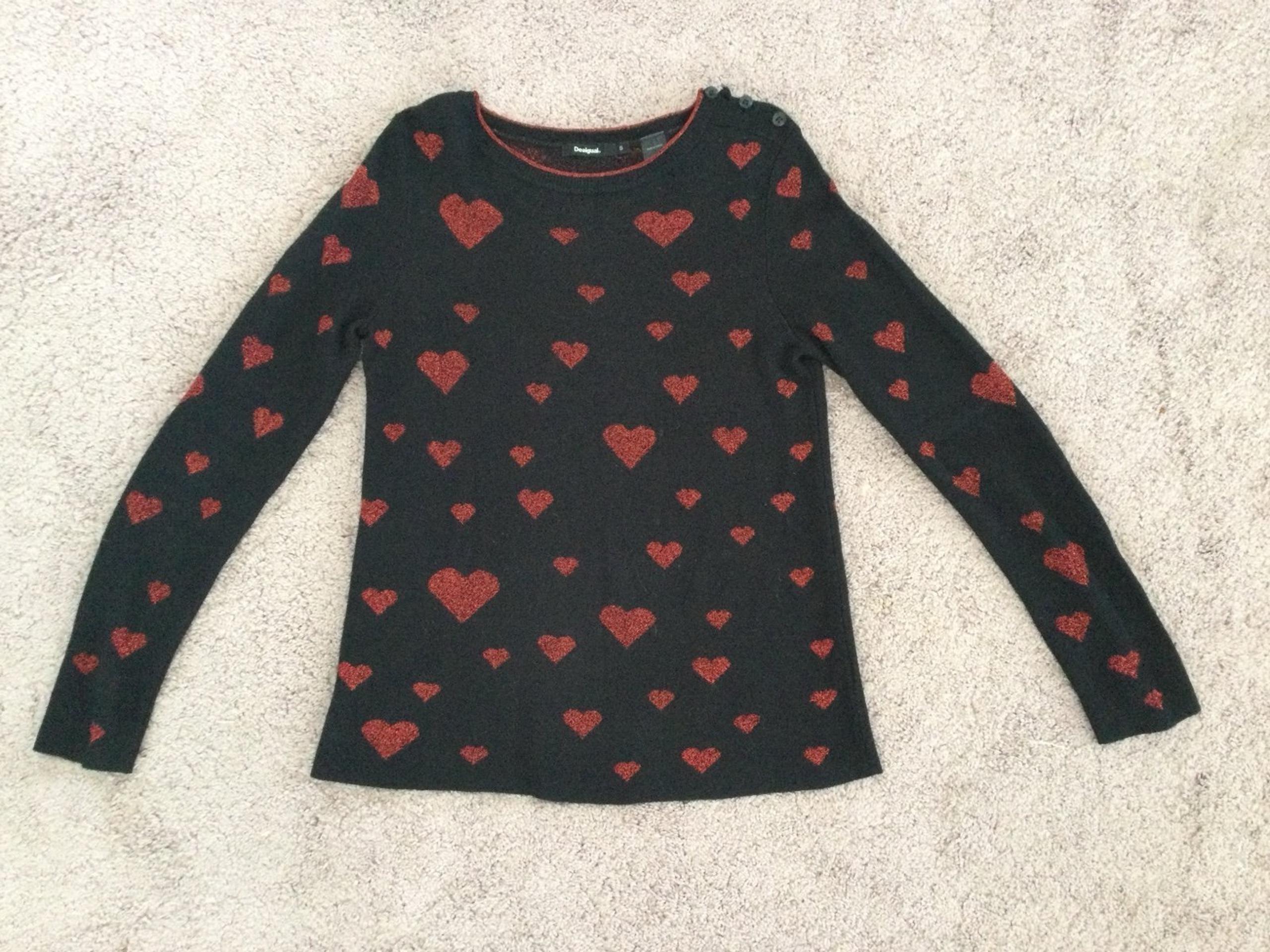 Desigual Sweater Black w/ Red Shimmery Hearts Small