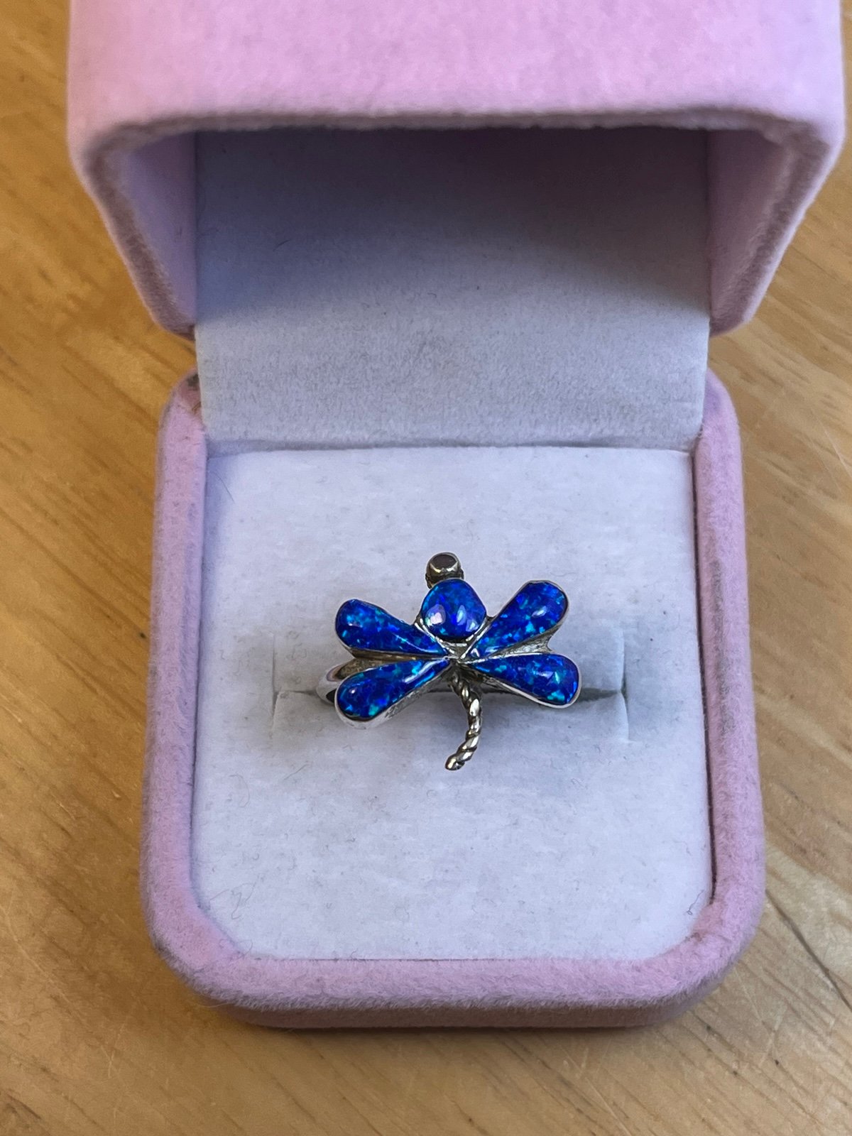 Signed Native Zuni Joann Cooeyate Blue Fire Opal Dragonfly Size 7.5 Ring