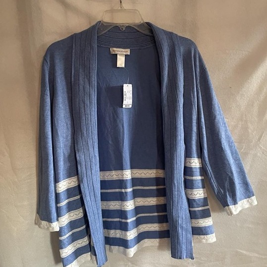 NWT Women's CJ Banks Blue & White Lace Trim Cardigan Sweater size Large