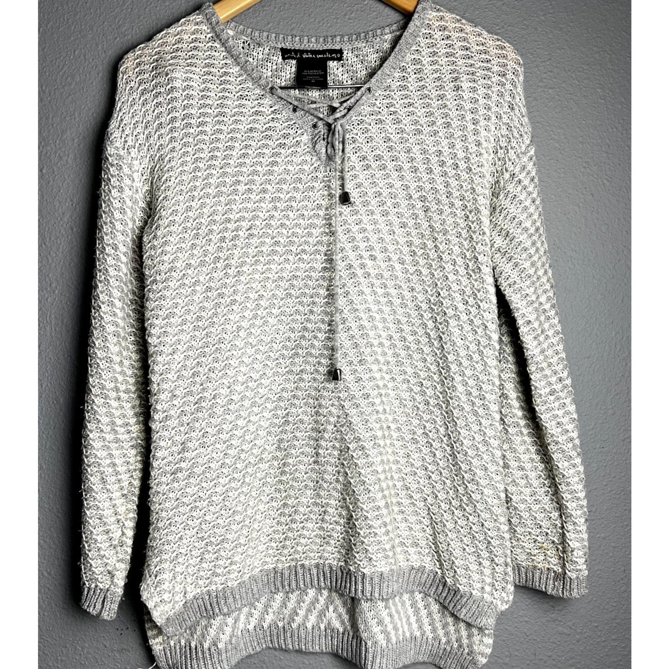 United States Sweaters Women Size M Gray Crochet Long Sleeve V Neck Drawstring