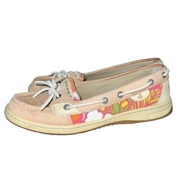 Sperry Topsiders in tan leather and floral print fabric women’s size 8.5