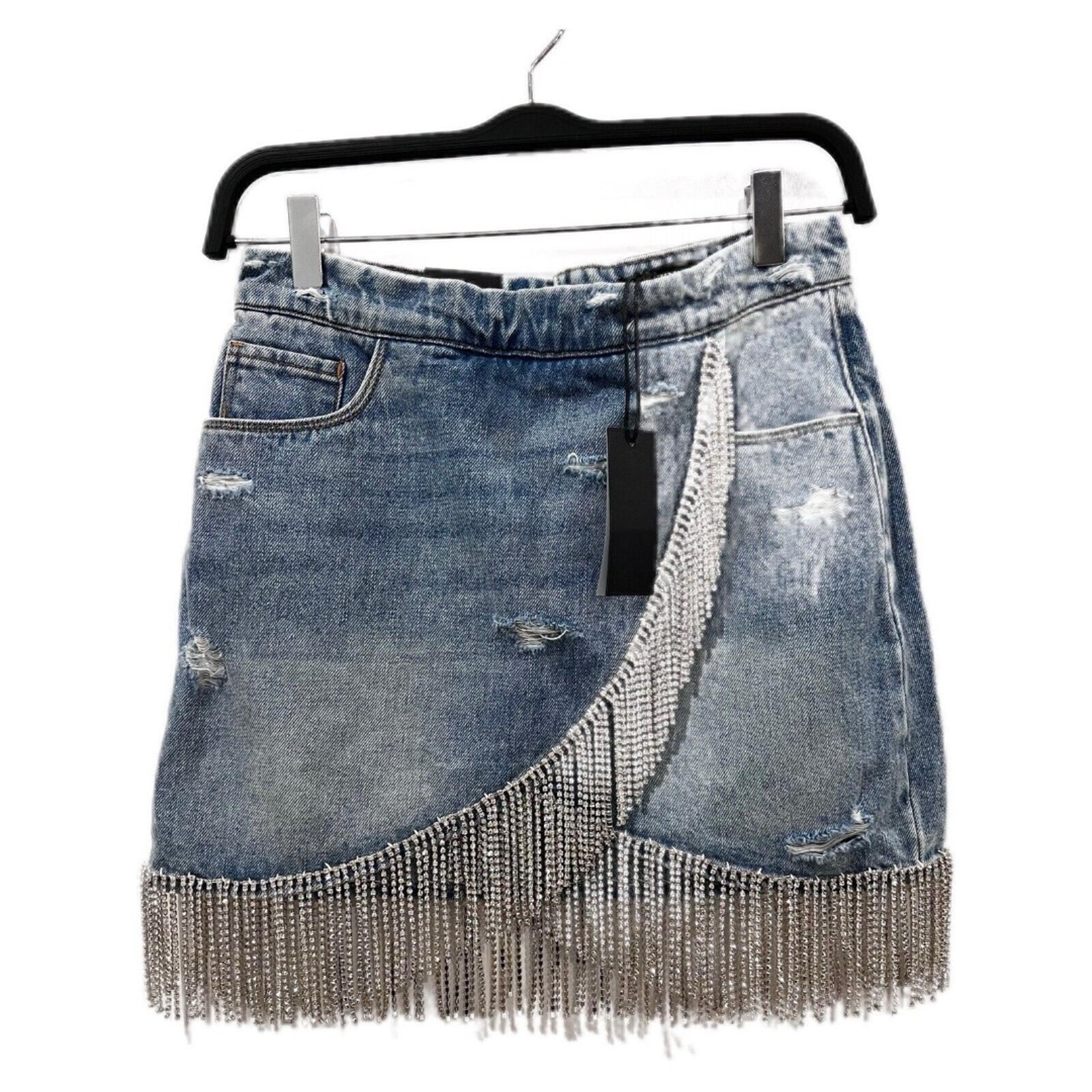 BLANKNYC Women's Medium Wash Denim Faux Wrap Embroidered Fringe Mini Skirt Sz 26