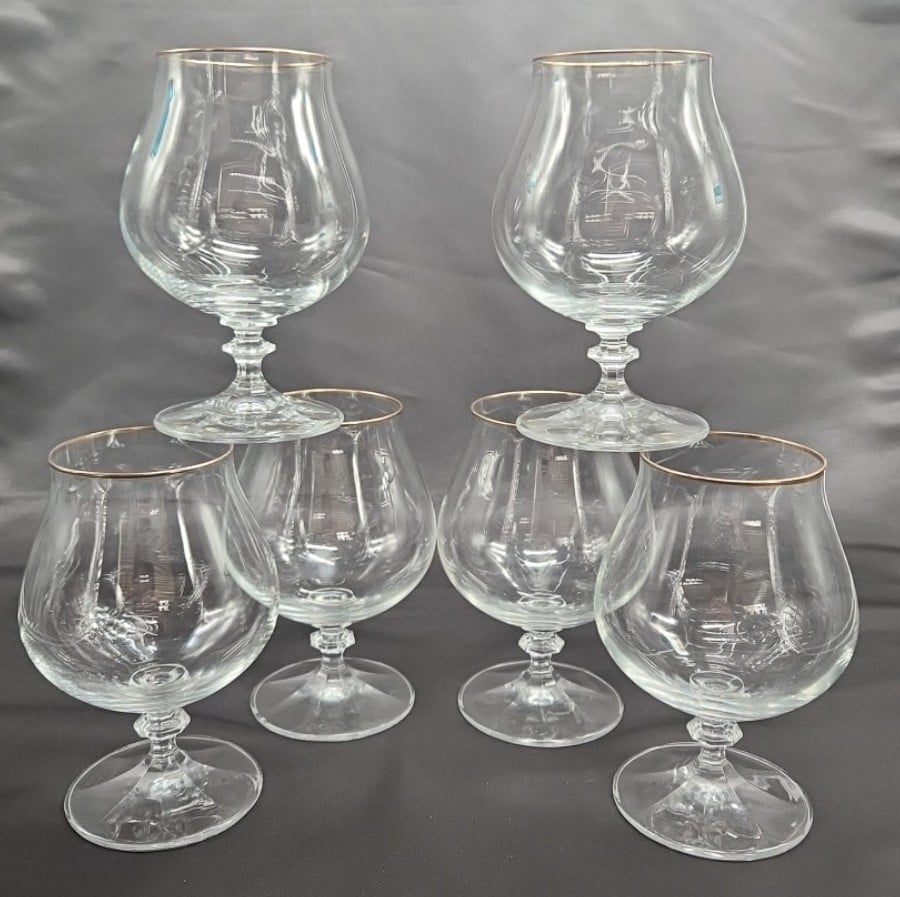 SET OF 6 VTG SCHOTT ZWIESEL PREMIER COLL. CRYSTAL GOLD RIM BRANDY SNIFTER COGNAC