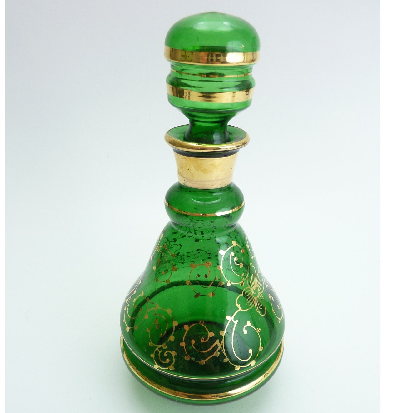 Vintage Green with Gold Accents Glass Bohemian Decanter Potion Bottle