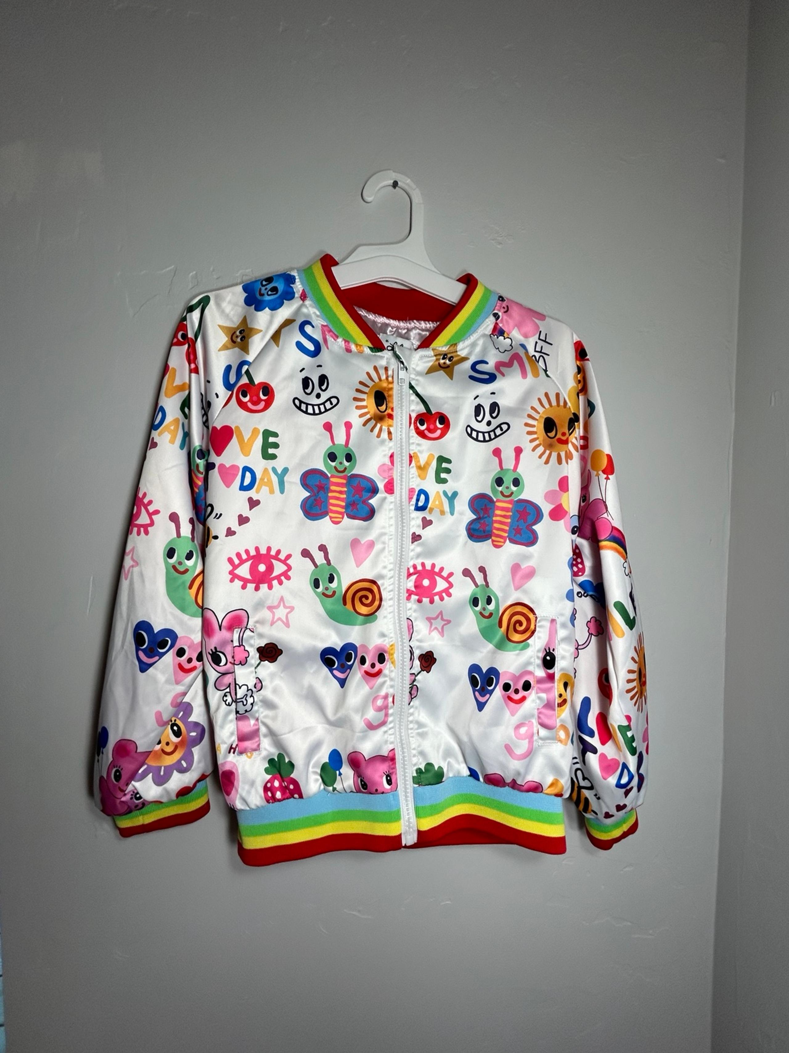 lola and the boys graffiti bomber jacket girls size 10, satin jacket