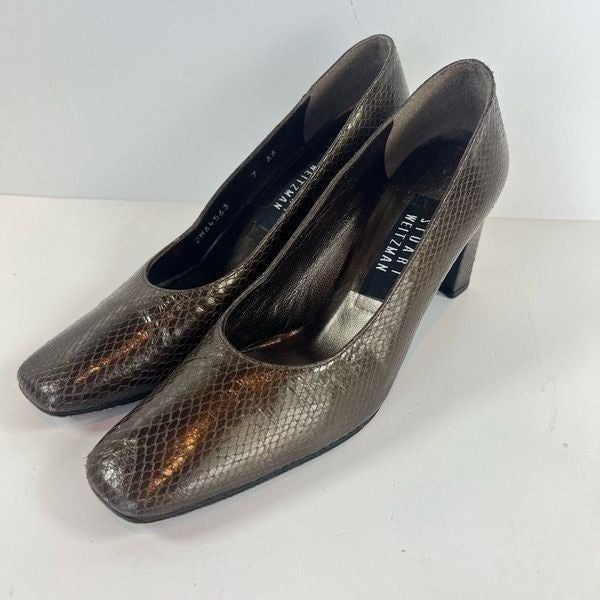 Vintage Stuart Weitzman Heels Womens 7 Brown Embossed Snakeskin Square Toes Pump