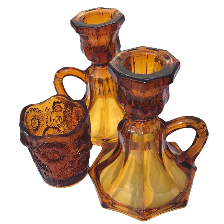 Vtg MCM Amber Glass Finger Loop Candle Sticks Votive Holder Lot Set 60s Daisy US