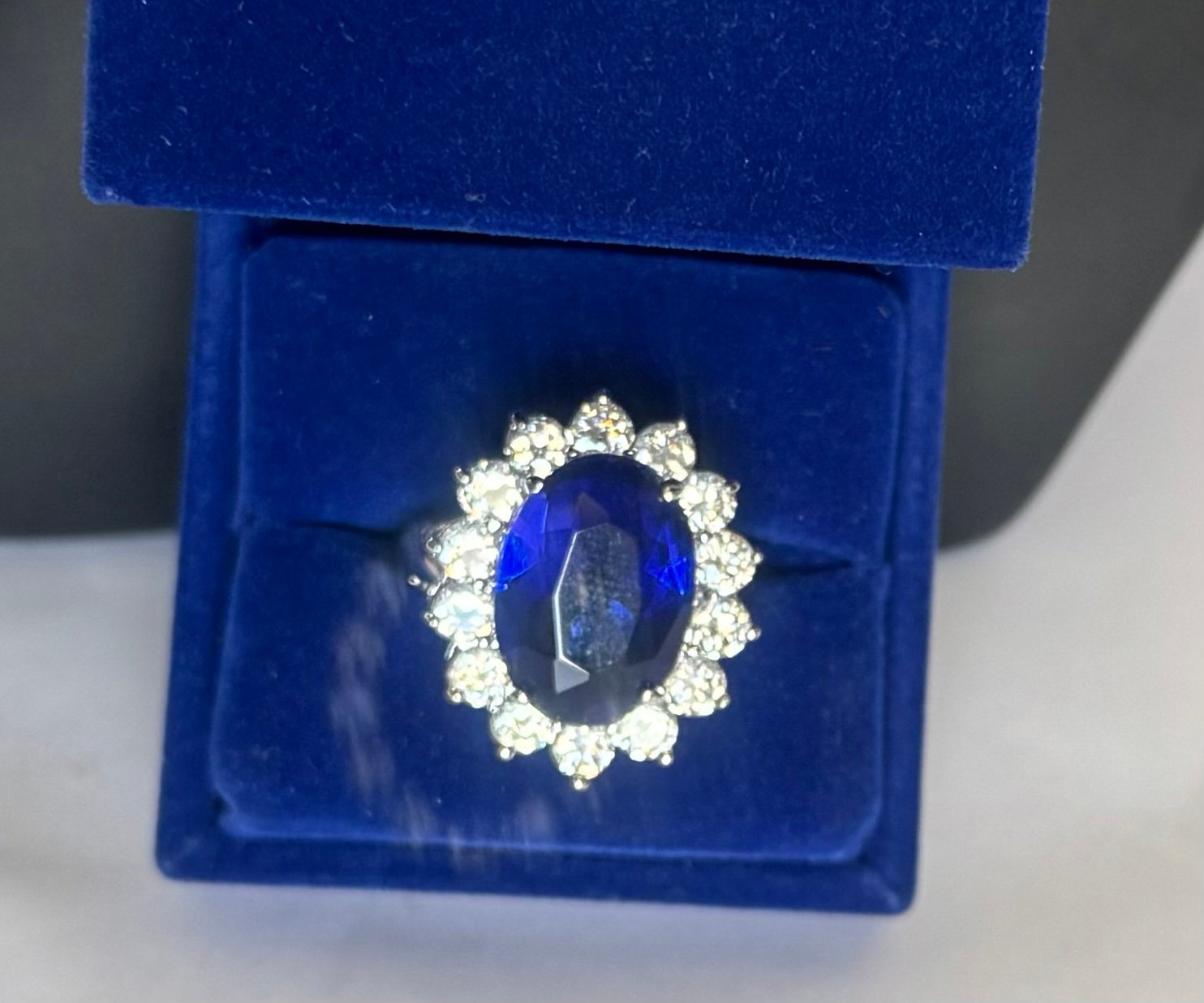 Vintage KJL Stamp Size 10 or 8 Princess Diana simulated Sapphire Silver Ring