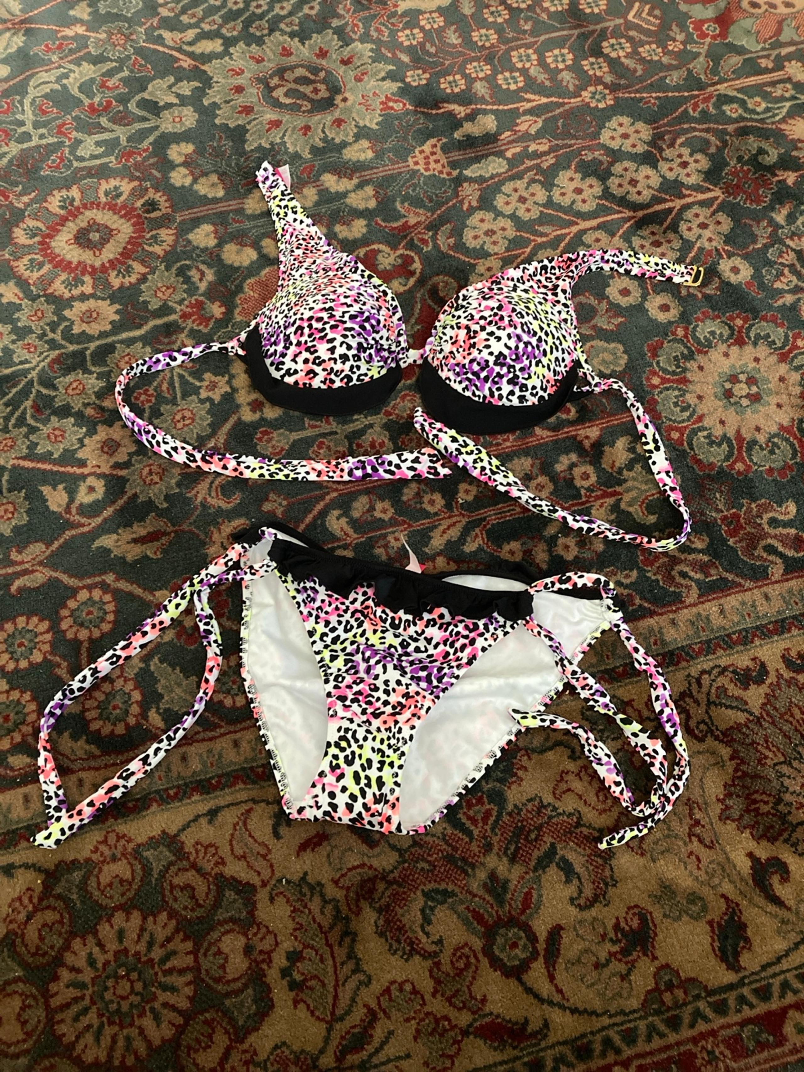 NWOT Victoria’s Secret neon Leopard bikini medium 34C bra shirted real tie side