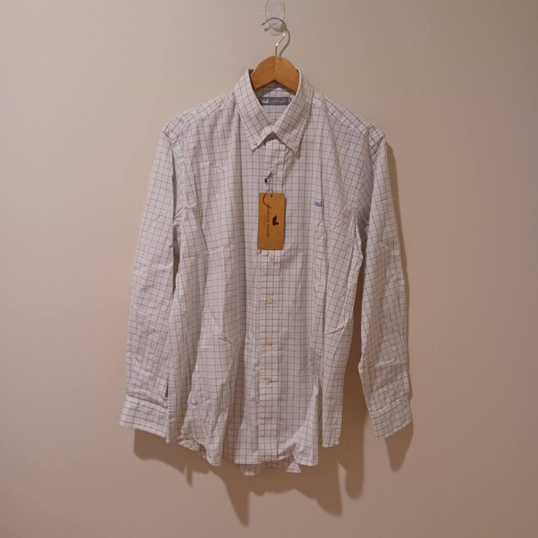 New Southern Marsh Mens Chateau Windowpane Long Sleeve Button-Down Shirt White S