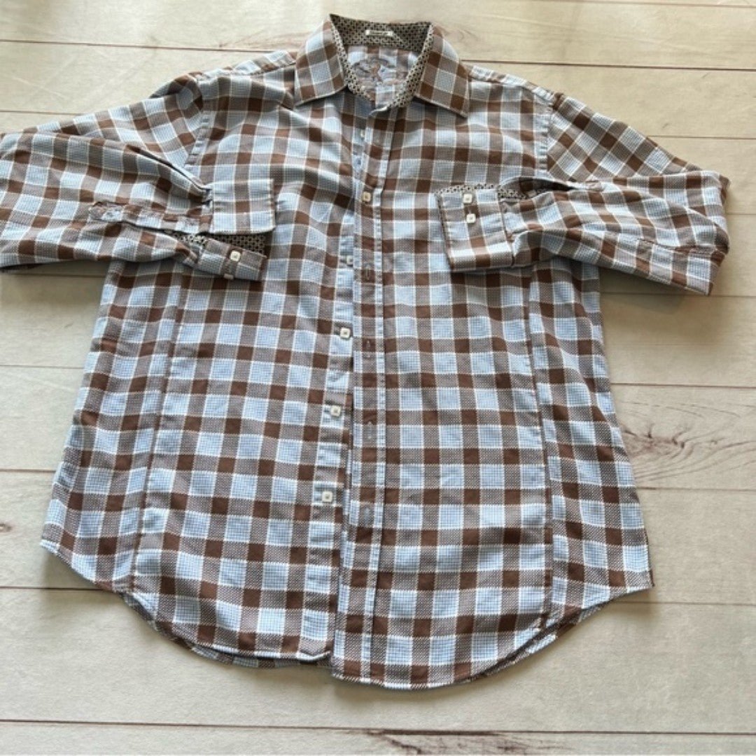 Bugatchi Mens Large Long Sleeve Shaped Fit Embroidered Logo Brown Plaid Shirt