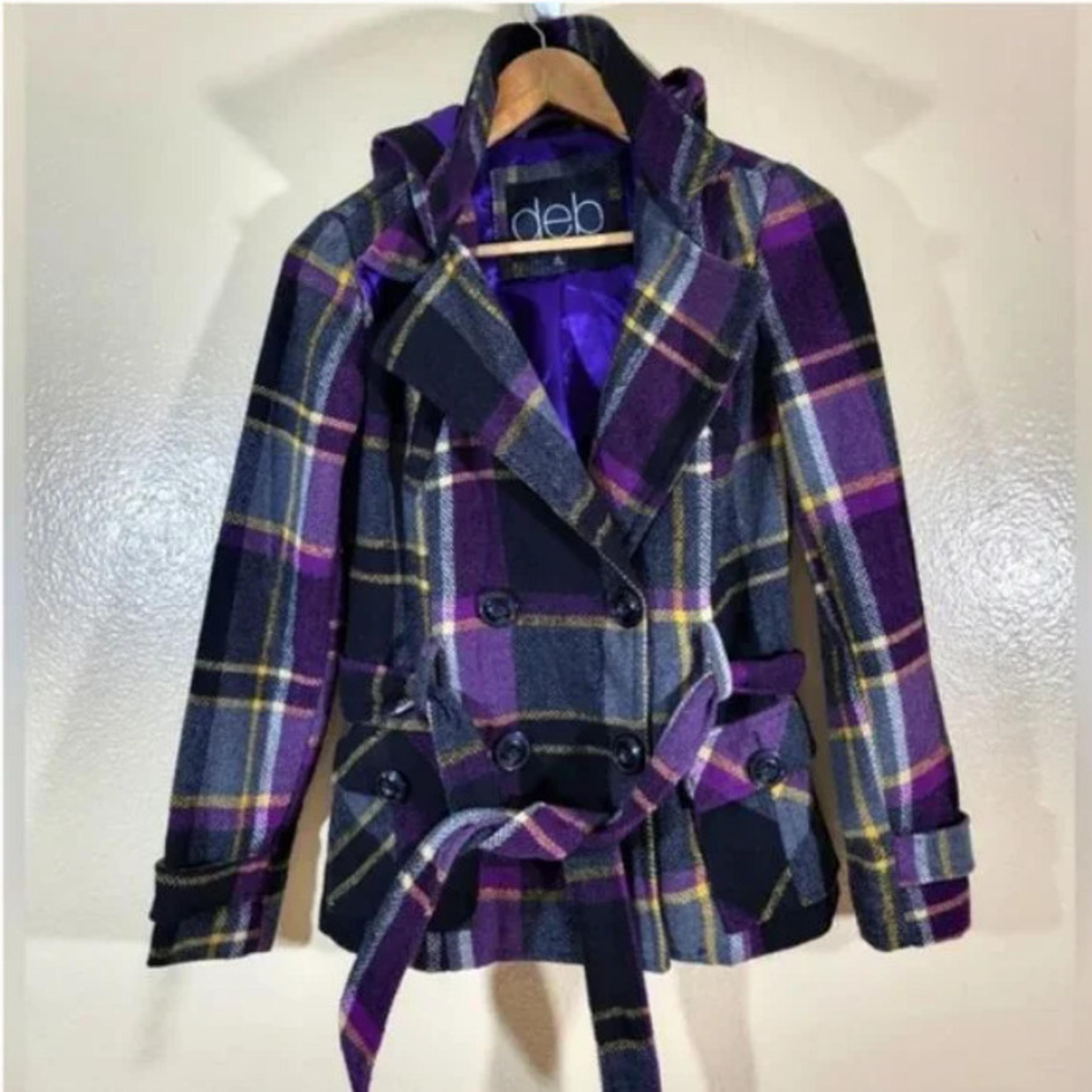 DEB Purple Plaid Double Breasted Hooded Peacoat