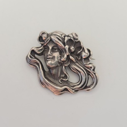 Antique Art Nouveau Woman Poppies Sterling Brooch by William Kerr