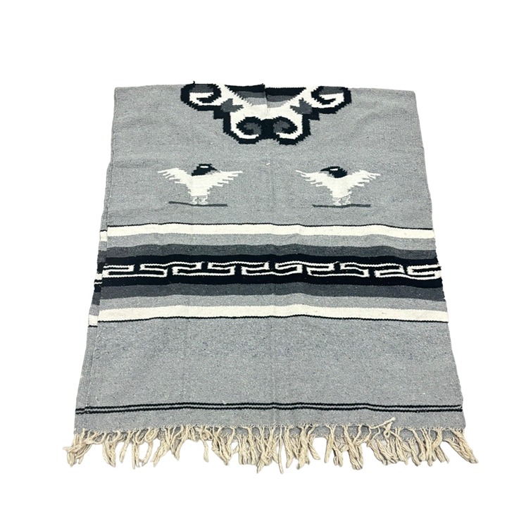 Vintage HandwovenSerape Poncho With Bird Motif & Geometric Patterns Black Grey