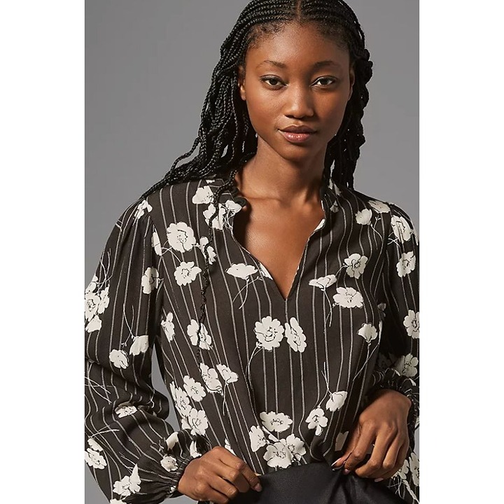 Anthropologie The Odells Robin V-Neck Long Sleeve Blouse Small Black White