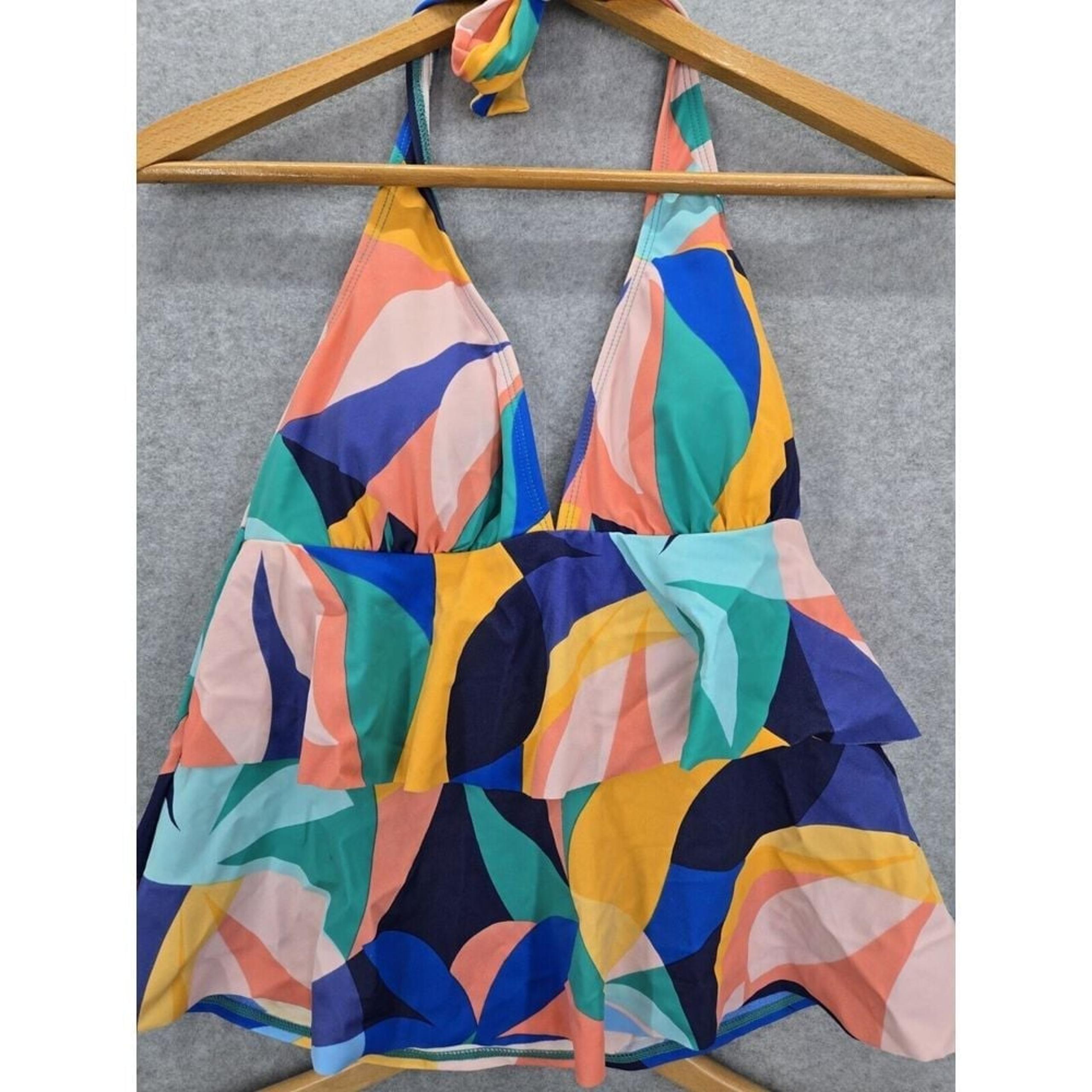 NWT Urban Sea Swim Ruffle Top Tankini Med Classic Geometric Blue Teal White
