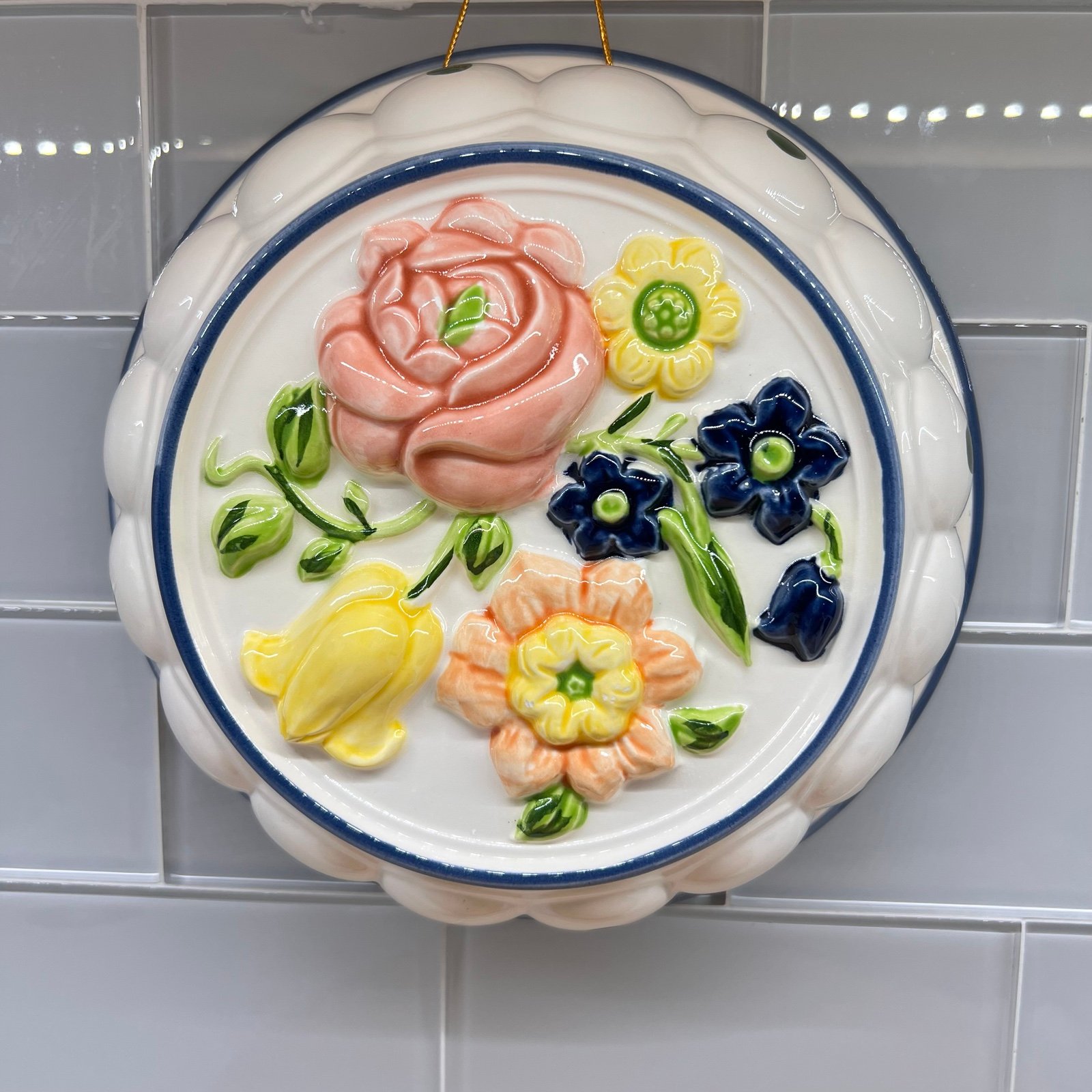Beautiful Vintage MCM Ceramic Mold Handpainted Floral Wall Decor, Made in Japan