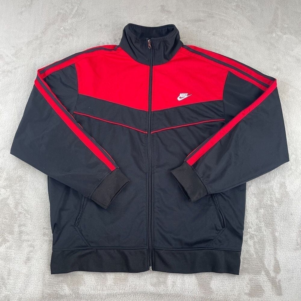 VINTAGE Nike Jacket Men XL Black Red Track Tennis Full Zip Long Sleeve 80s