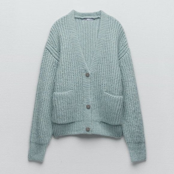 NWT. Zara Light Blue Jewel Button Knit Cardigan with V-neckline. Size S.