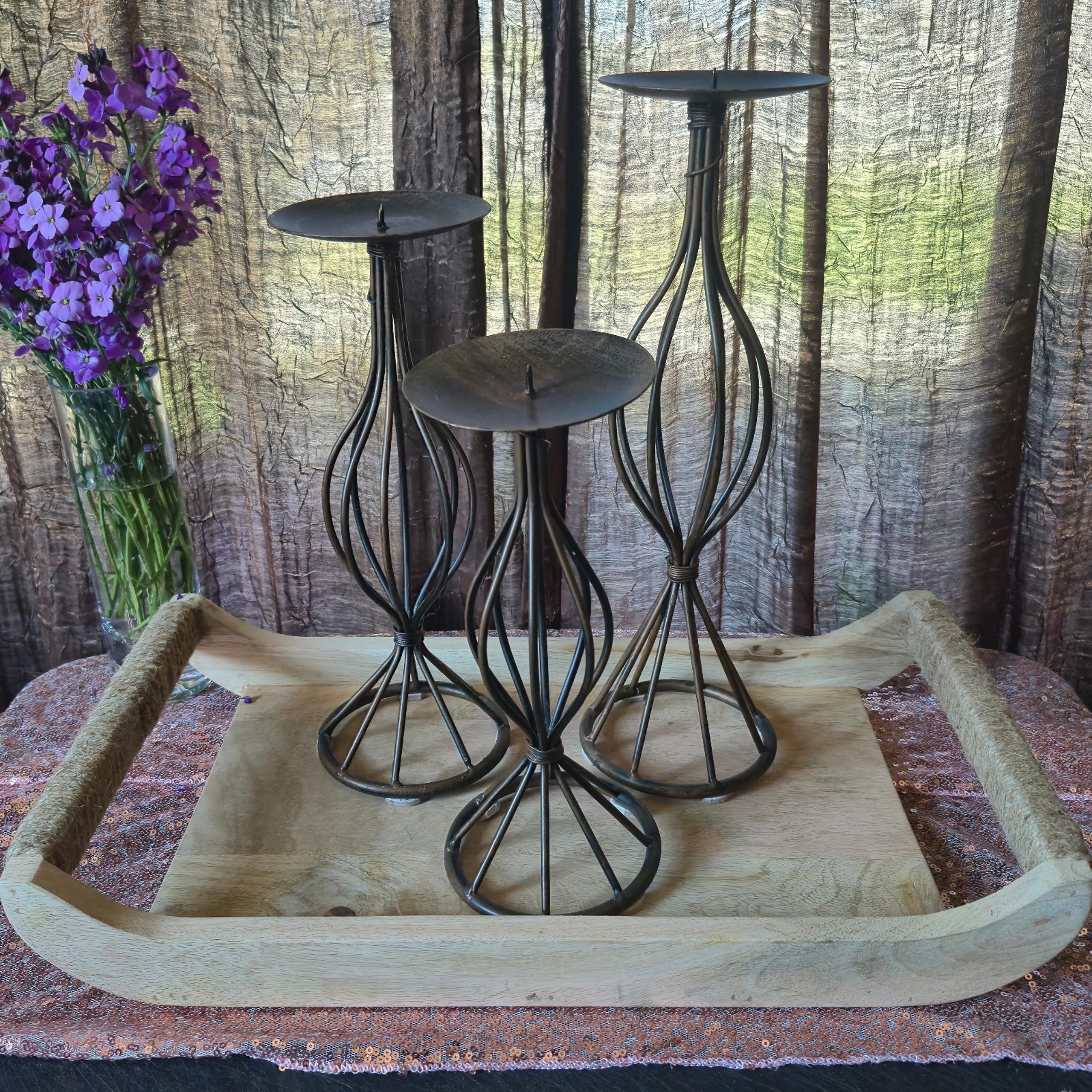 Set Of 3 Rustic wroughtiron pillar Candle Holders 10'/11.5'/13.5 bulbous details - International Silver