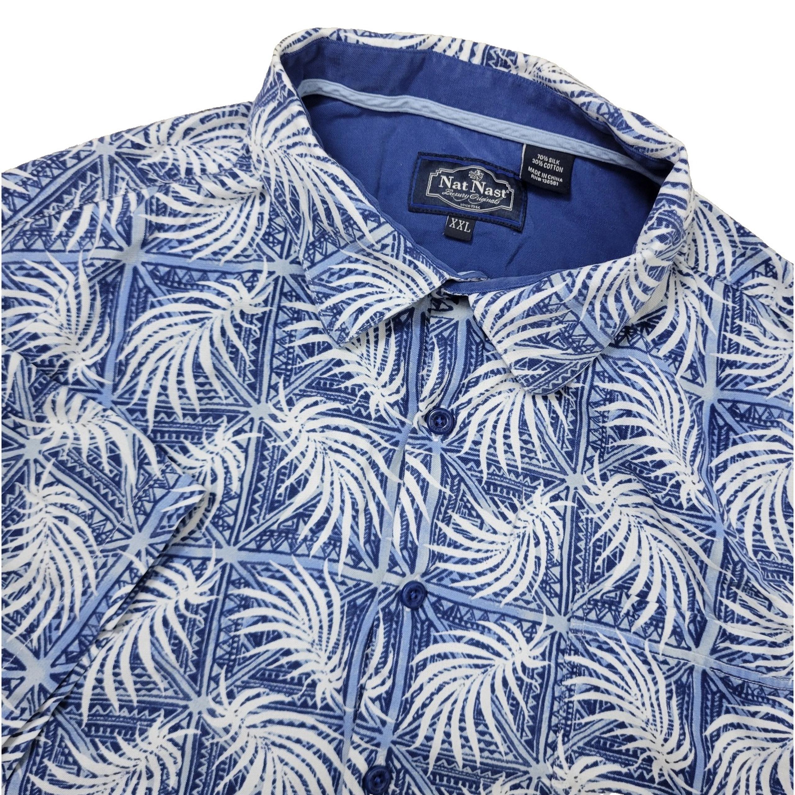 Nat Nast Luxury Originals Mens 2XL Blue White Floral Hawaiian Button Up Silk