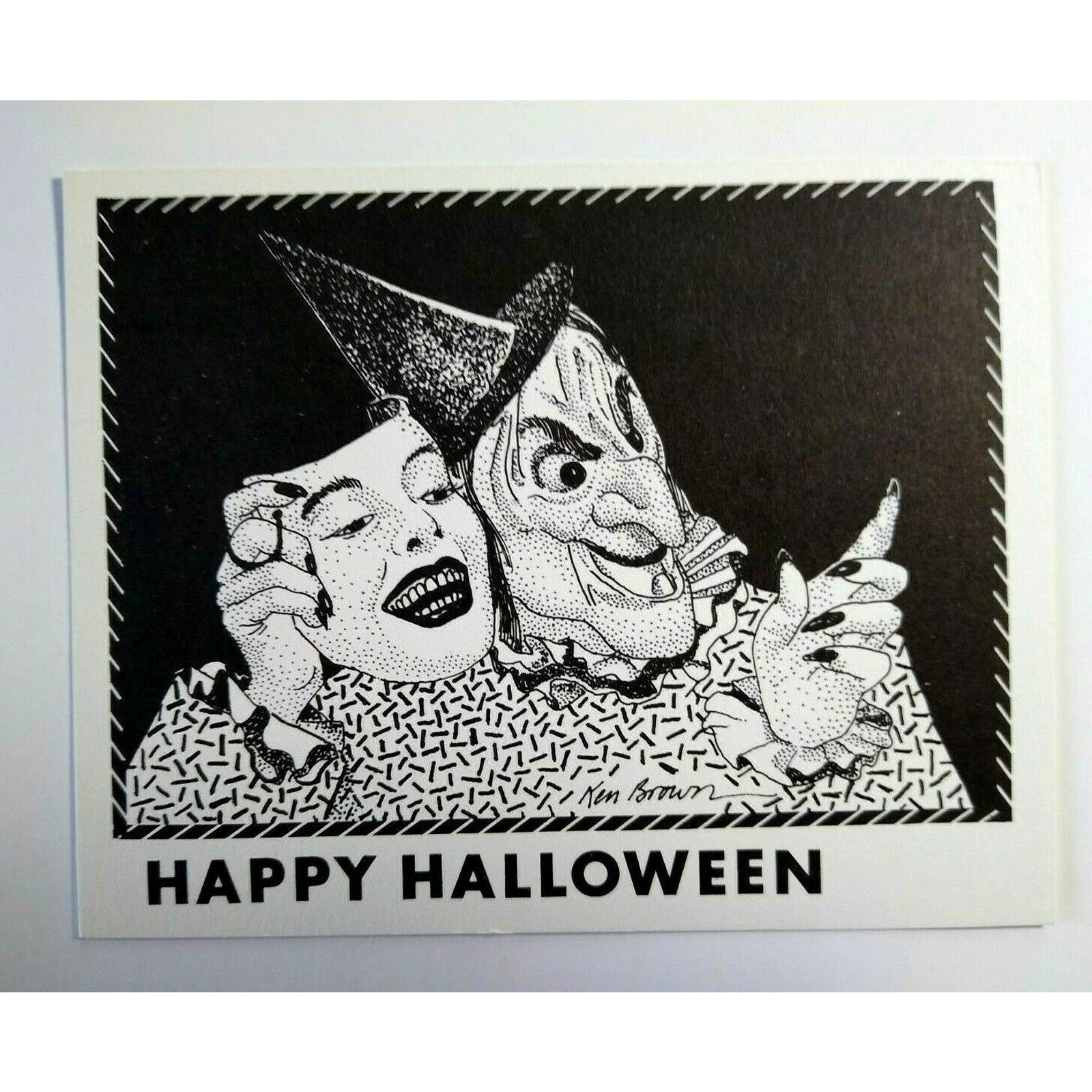Halloween Postcard Ken Brown Ugly Witch With Human Face Mask Creepy 1987 Modern