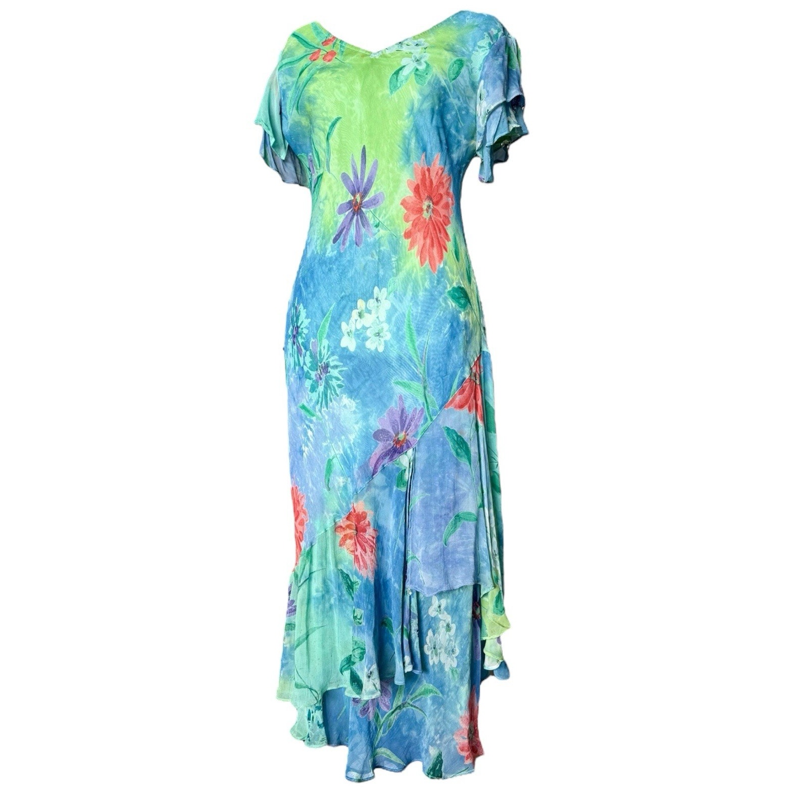 Vtg Silk Floral Dress Mermaid Asymmetrical Flutter Bias Cut Tropical Hawaiian