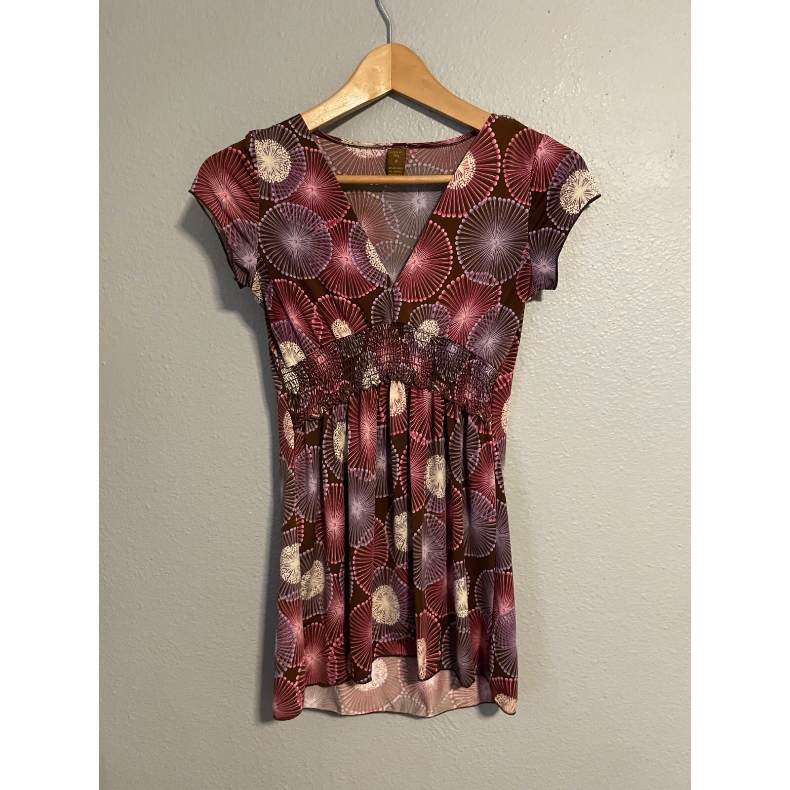 Vintage Copper Key Womens Top Small Abstract Smocked Stretch Babydoll Fairy Y2K