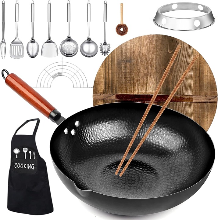 14 Piece Woks & Stir-Fry Pans Set with Wooden Lid Cookwares