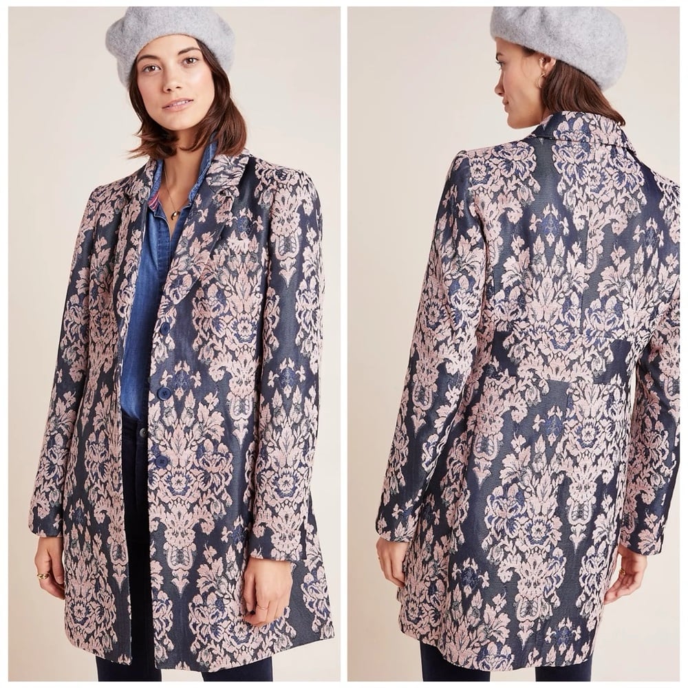 Anthropologie Luisa Blush Jacquard and Blue Denim Statement Jacket Coat Size XL