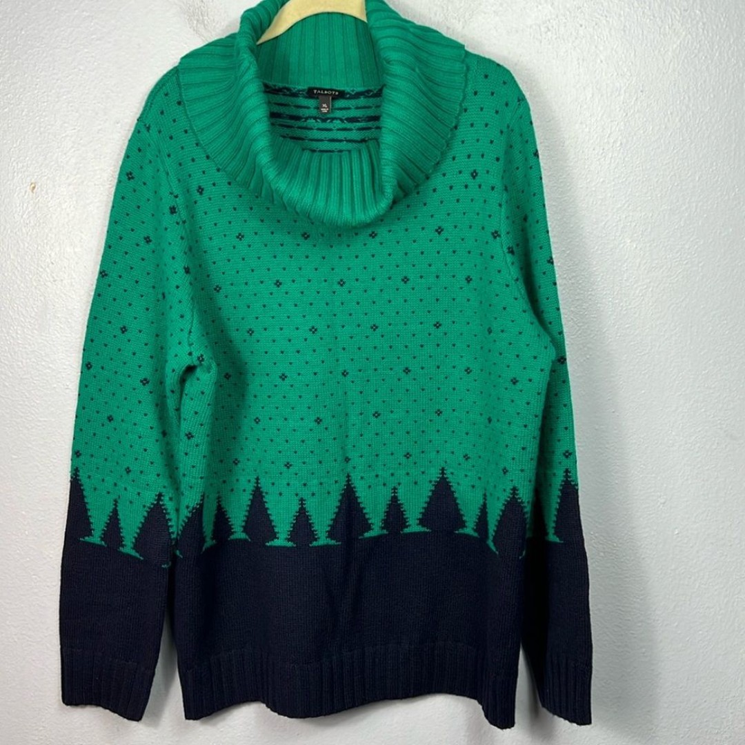 Talbots Lambswool Blend Green & Blue Intarsia Print Cowl Neck LS Sweater XL