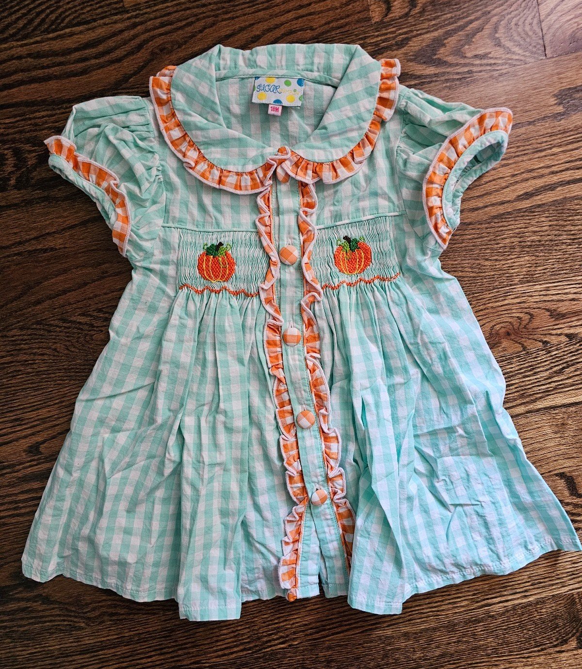 Sugar Dumplin Smocked Pumpkin Gingham Fall Baby Girl Dress, 18 Months