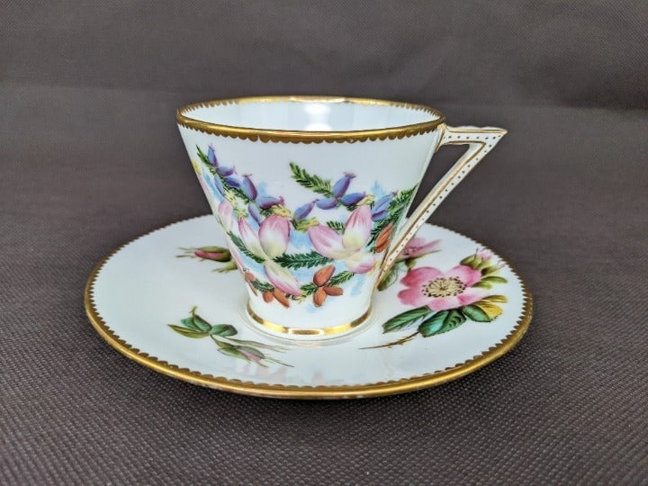 Antique 1876 England Pink Purple Floral Gold Rim Teacup Saucer Set, Registered
