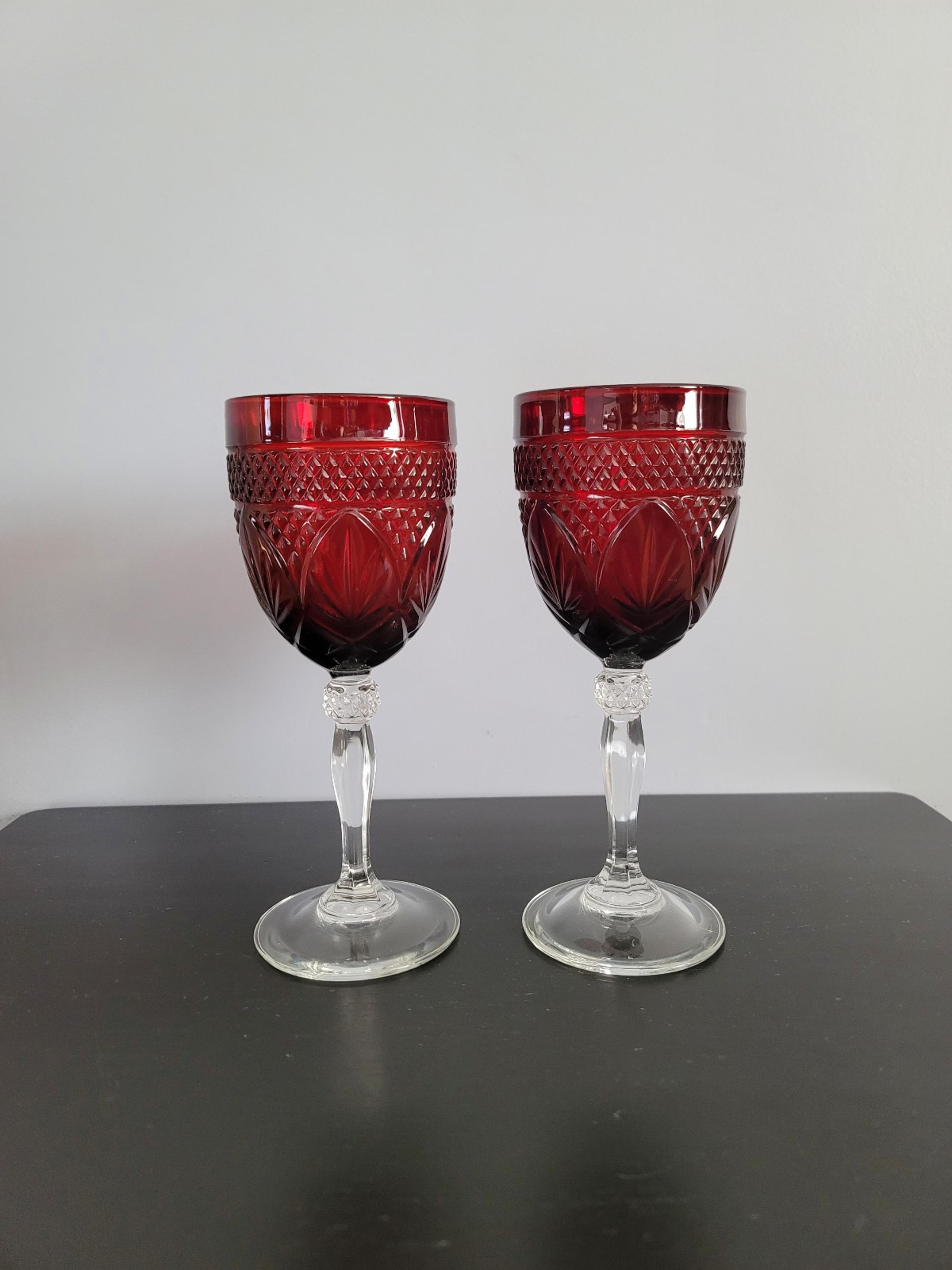 Set of 2 Durand Antique Ruby 8" Wine Goblets - Cristal d'Arques