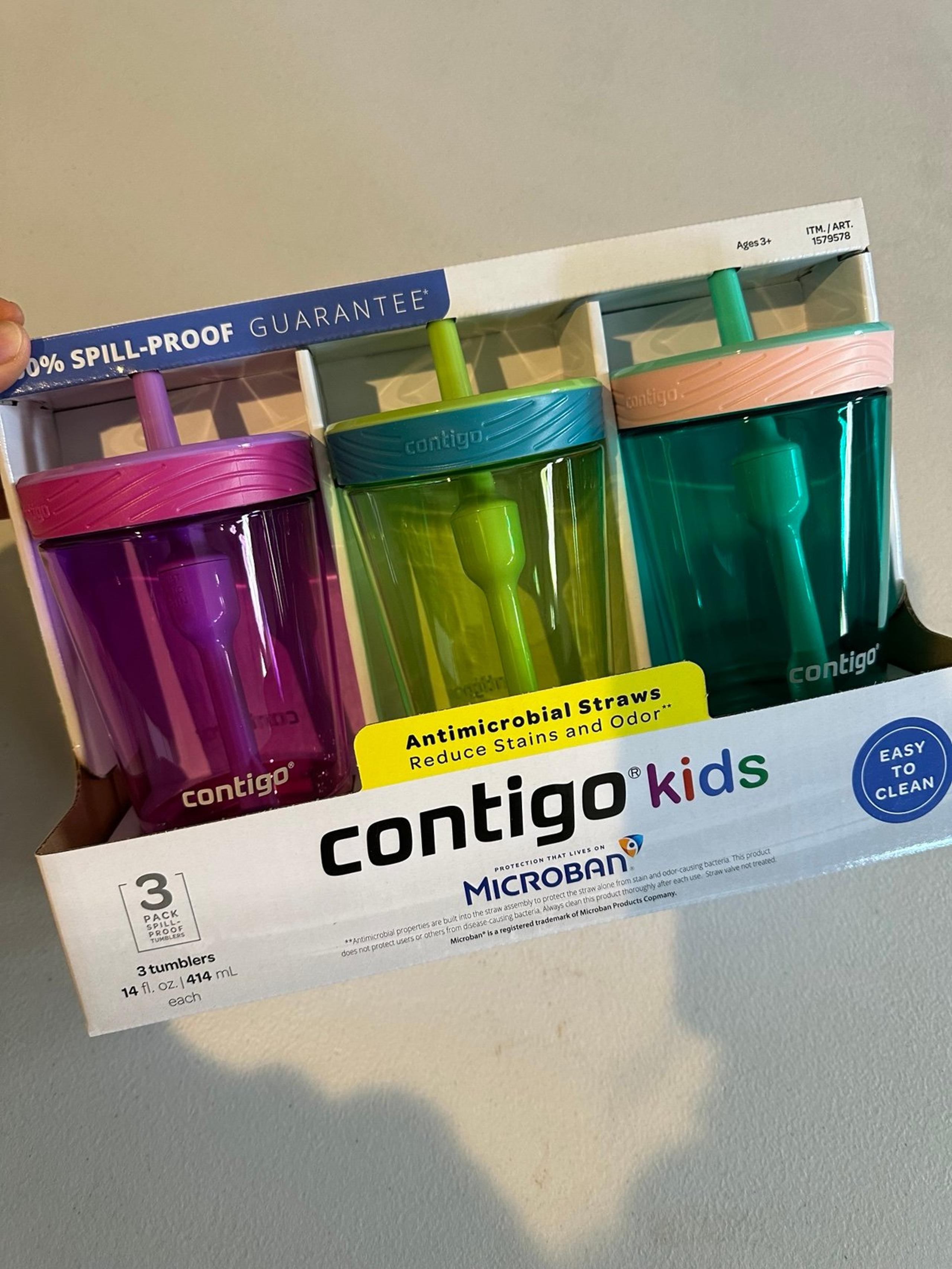 Contigo Spill-Proof Kids Tumbler, 3-Pack, Pink, Green, Aqua.