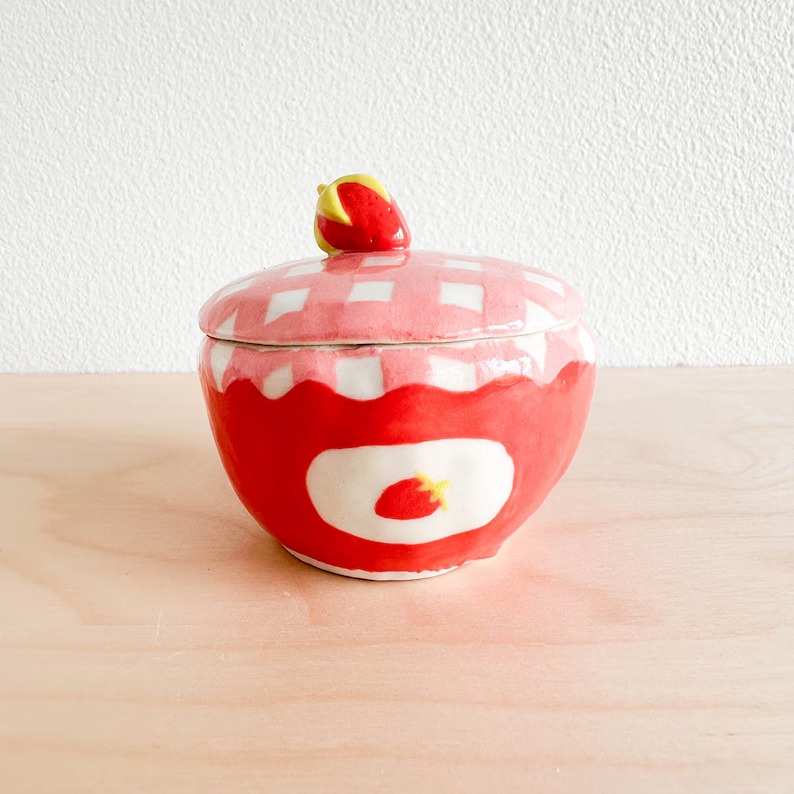 Strawberry jam jar container, ceramic clay pottery, handmade, gift for her