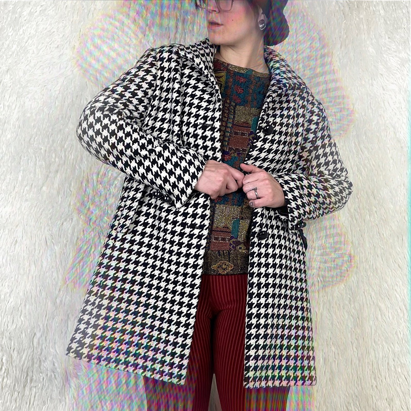Vintage 90s Black & White Wool Houndstooth Peacoat