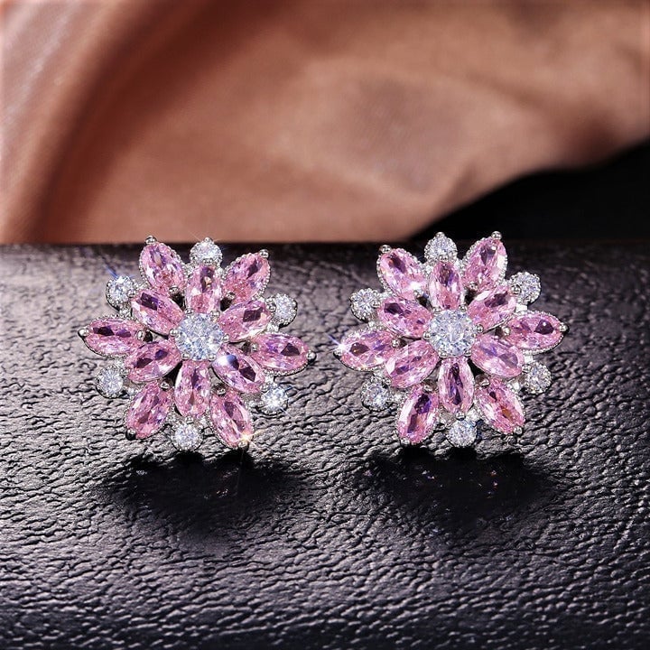 3ct Pink White Diamond Flower Sunburst Earrings 18K White Gold Womens Jewelry ct