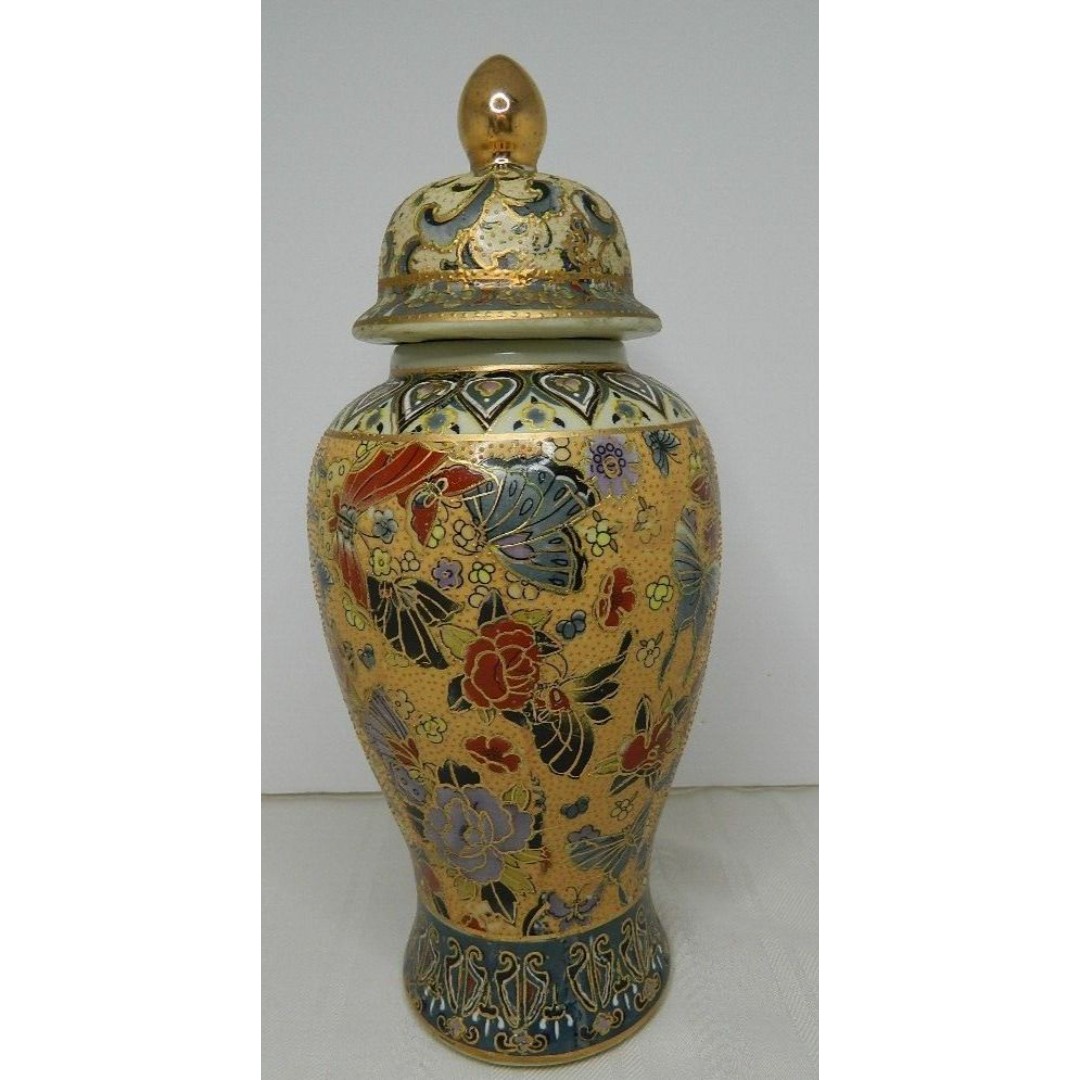 Garden Ridge Porcelain Vase with Lid Hand painted Butterflies & Flowers 11.75 H