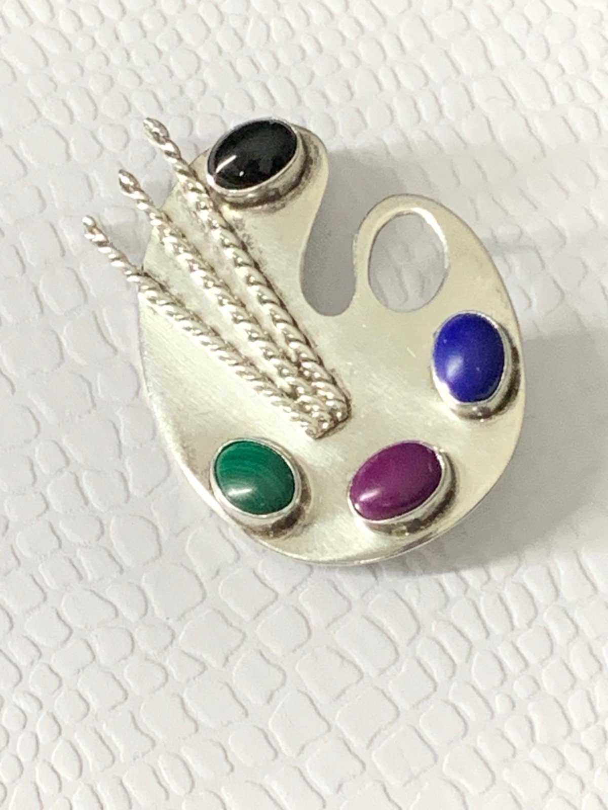 RARE Vintage 925 Sterling Silver Colored Stones Artist Palette Pendant / Brooch