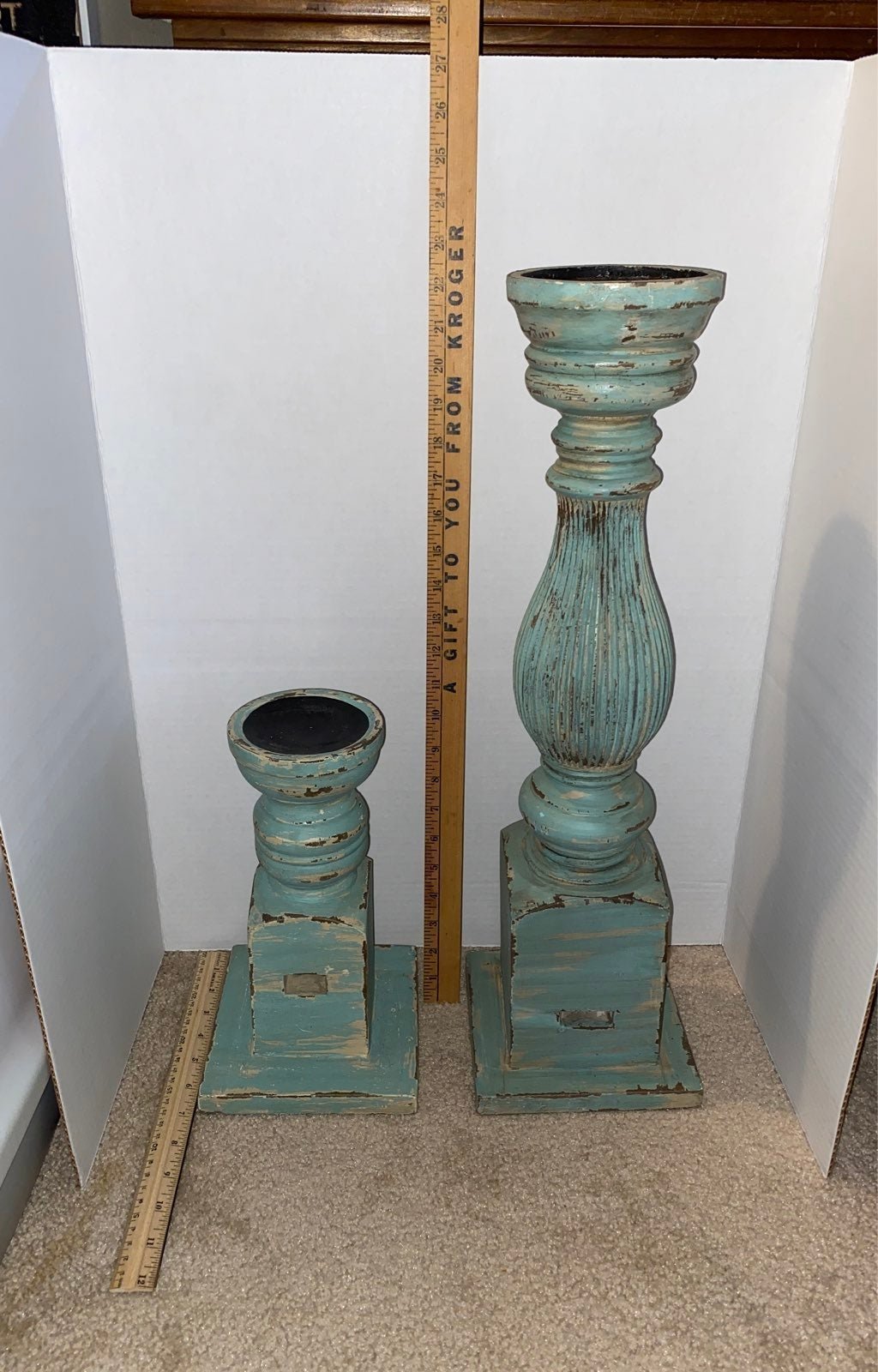 2 Rustic Blue Wooden Candle Holders
