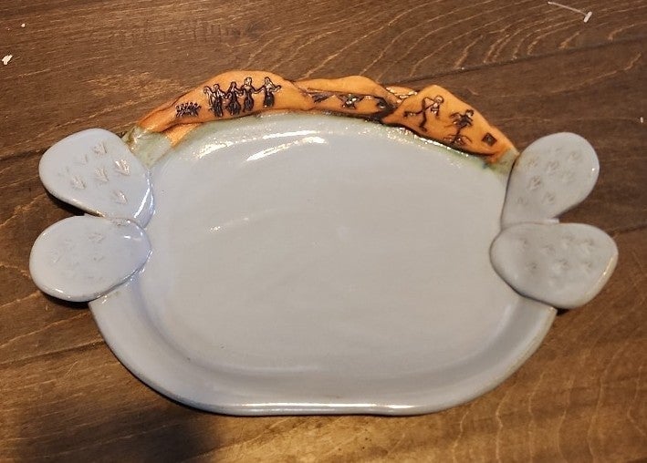 Handmade & Handpainted Gray Pottery Cactus Handles hieroglyphic Plate Art signed
